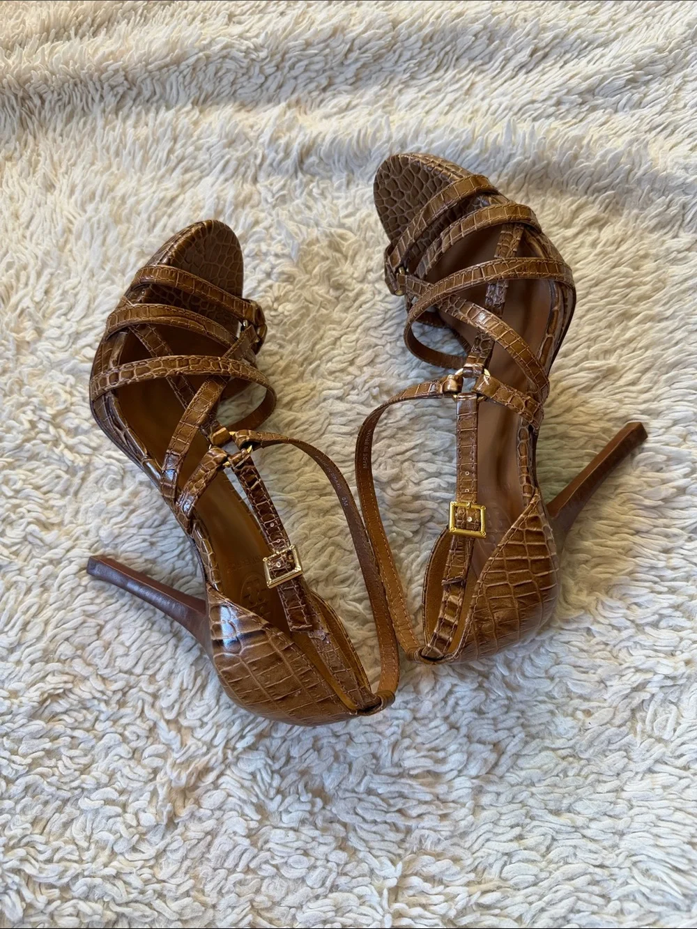 Tory Burch Cognac Croc-Embossed Strappy Heels size 8M